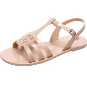 Women Sandals Jelly Shoes Flats/ Nude T-Strap Jellies Slides